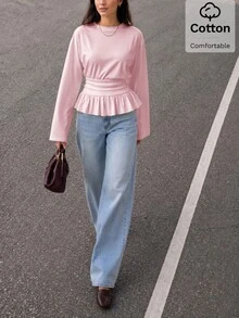 Solavon 女款甜美優雅時尚收腰荷葉邊下擺長袖襯衫，淺粉色，適合早午餐，秋季穿搭 - 粉色 - 查看 9