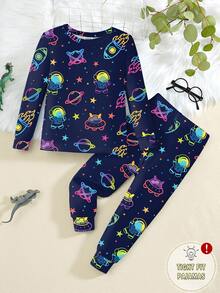 Baby Boy Glow-In-The-Dark Space Theme Snug Fit Pajama Set, 2 Pieces, Navy Blue Base With Fluorescent Astronaut, Planet And UFO All-Over Print, Pattern - Multicolor - View 6