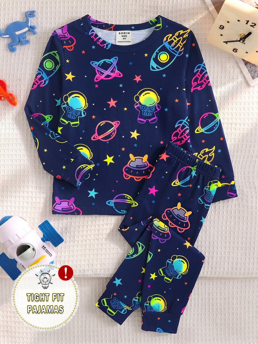 Baby Boy Glow-In-The-Dark Space Theme Snug Fit Pajama Set, 2 Pieces, Navy Blue Base With Fluorescent Astronaut, Planet And UFO All-Over Print, Pattern