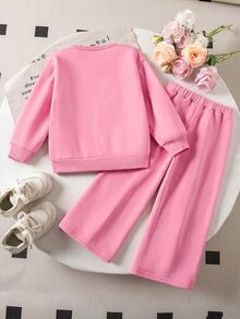 SHEIN Young Girl Knitted Solid Kids Color Round Neck Sequin Bowknot Loose Casual Sweatshirt And Long Pants 2 Pieces Set - Pink - View 3