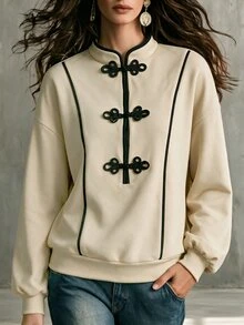 Omancia European And American New Chinese Style Modified Frog Button Stand Collar Top Women Contrast Color Piping Lantern Sleeve Loose Drop Shoulder Long Sleeve Sweatshirt - Khaki - View 1