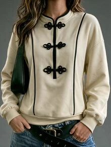 Omancia European And American New Chinese Style Modified Frog Button Stand Collar Top Women Contrast Color Piping Lantern Sleeve Loose Drop Shoulder Long Sleeve Sweatshirt - Khaki - View 3