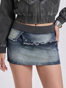 ROMWE Autumn/Winter Rebellious Y2K Millennium Style Patchwork Washed Folded Raw Edge Women's Tight Low Waist Denim Skirt - Medium Wash - View 2