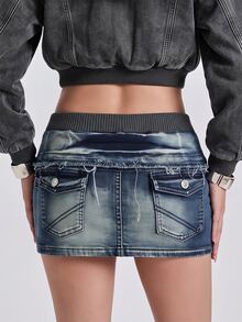 ROMWE Autumn/Winter Rebellious Y2K Millennium Style Patchwork Washed Folded Raw Edge Women's Tight Low Waist Denim Skirt - Medium Wash - View 3