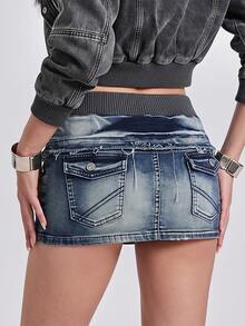 ROMWE Autumn/Winter Rebellious Y2K Millennium Style Patchwork Washed Folded Raw Edge Women's Tight Low Waist Denim Skirt - Medium Wash - View 1