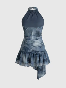 ROMWE Autumn/Winter Y2K Street Rebel Style Casual Millennium Print Women's Dress - Blue - View 4