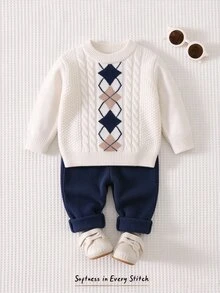 Loomiva Baby Boys Knit Sweater Set, Top With Diamond Textured Knit Detail, Solid Color Casual Outfit Autumn - Multicolor - View 5