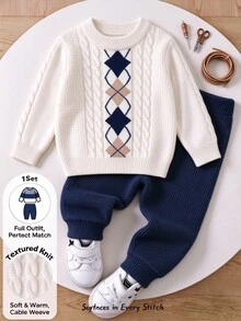 Loomiva Baby Boys Knit Sweater Set, Top With Diamond Textured Knit Detail, Solid Color Casual Outfit Autumn - Multicolor - View 1