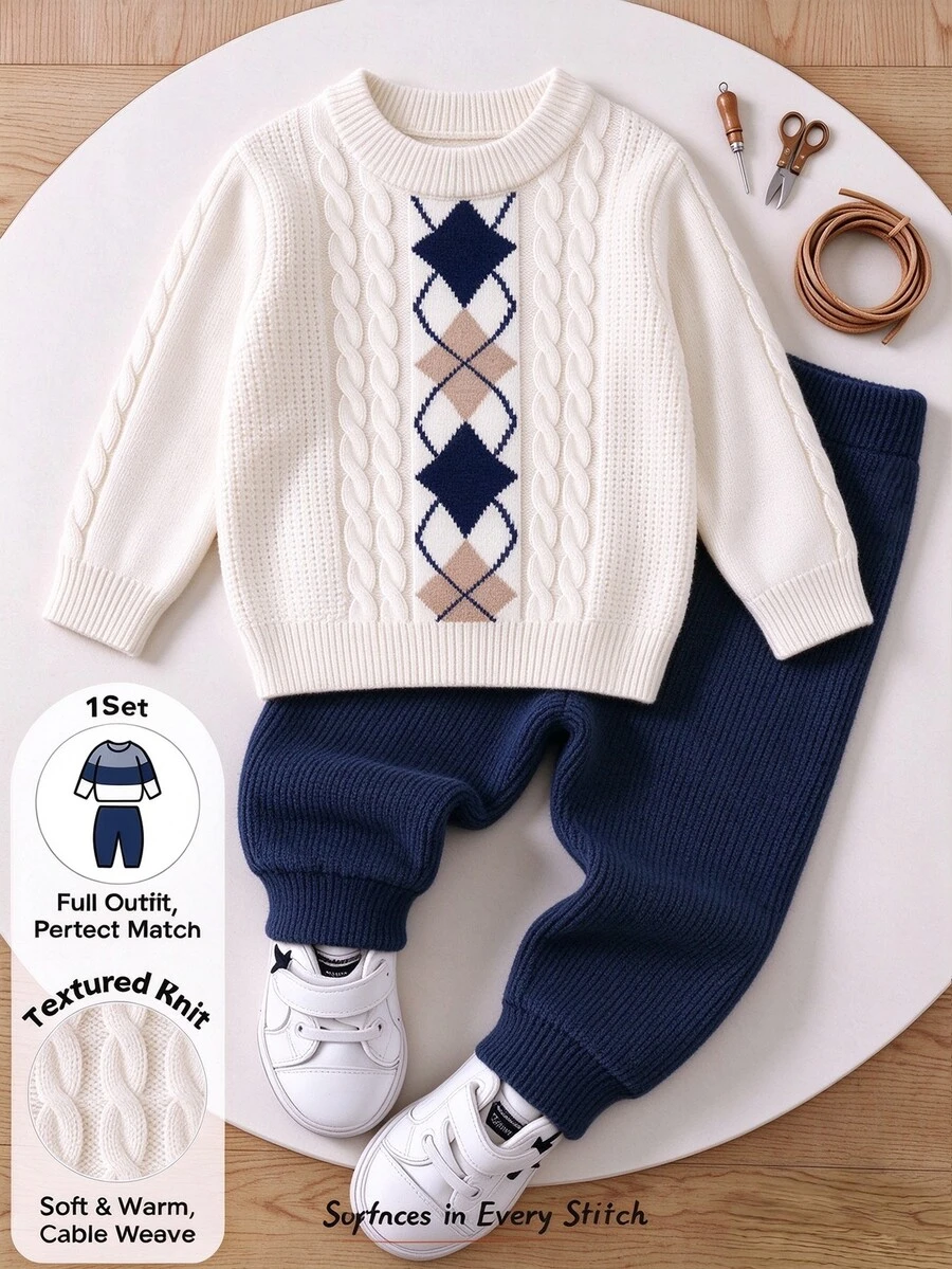Loomiva Baby Boys Knit Sweater Set, Top With Diamond Textured Knit Detail, Solid Color Casual Outfit Autumn - Multicolor - View 1
