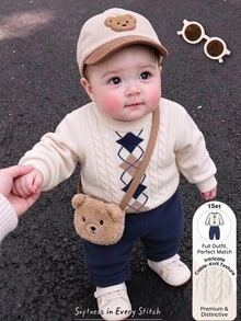 Loomiva Baby Boys Knit Sweater Set, Top With Diamond Textured Knit Detail, Solid Color Casual Outfit Autumn - Multicolor - View 3