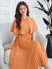 SHEIN 2pcs/Set Vintage Elegant Shawl Collar Pleated Hem Dress With Shirt For Teen Girls - Orange - View 1