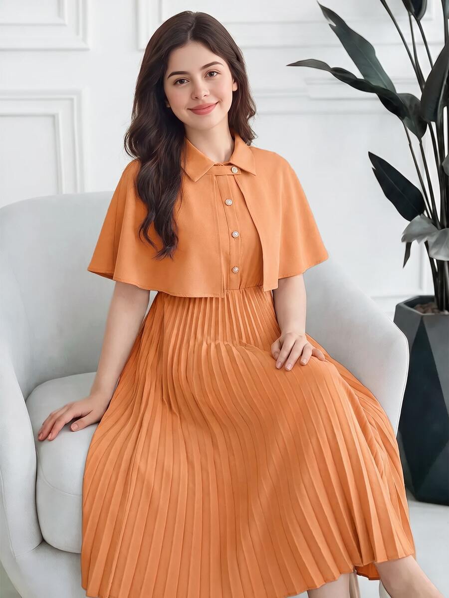 SHEIN 2pcs/Set Vintage Elegant Shawl Collar Pleated Hem Dress With Shirt For Teen Girls - Orange - View 1