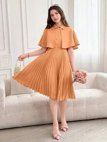SHEIN 2pcs/Set Vintage Elegant Shawl Collar Pleated Hem Dress With Shirt For Teen Girls - Orange - View 8