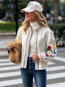 SHEIN LUNE Women's Floral Embroidered Zipper Front Casual Jacket - Blue - View 2