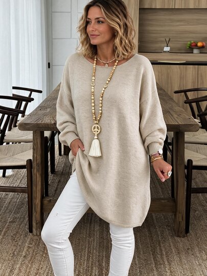 Elouméa Autumn/Winter Casual Long Pullover Oversized Knitwear Loose Fit Women's Sweater With Slit Fall Winter Sweater 2026 Fall Clothes For Women Modern Beige