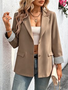 Omancia 女款街頭風鈕扣西裝外套 商務休閒 - 卡其色 - 查看 7