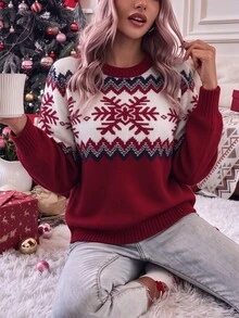 Elouméa 秋冬新款優雅休閒紅色圓領長袖雪花提花女款時尚針織套頭毛衣，適合外出與節日穿著 - 紅色 - 查看 3