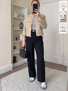 Louniche 女款秋冬休閒純色高級寬鬆版型百搭日常通勤外出極簡棉質舒適常規夾克 - 卡其色 - 查看 5
