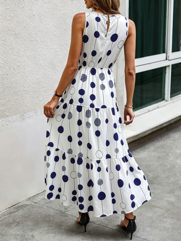 Elouméa Women's Summer Casual Fashion Polka Dot Print Sleeveless A-Line Dress, Suitable For Vacation And Summer Wear. Country Music Concert Outfit, Printed Dress For Women's Party, Date, Wedding Season, Work Commute, Business Elegant, Christmas, Graduation Season, Back To School, Graduation Ceremony, Teacher's Day, Christmas, Valentine's Day, Thanksgiving, Mother's Day, Music Festival, Back To School Season, Vacation Polka Dot Print Sleeveless Dress, Daily Wear, Women's Long Dress - Multicolor - View 3