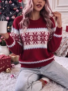 Elouméa 女款秋冬新款時尚度假穿搭 紅色圓領長袖雪花提花優雅休閒通勤針織套頭毛衣 - 紅色 - 查看 2