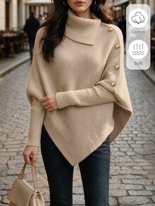 Balvessa Women's Fall Pullover Knit Sweater Top, High Turn Collar, Diagonal Ribbed Knit, Metal Button, Batwing Sleeve, Asymmetric Hem, Beige Office Elegant - Khaki - View 4