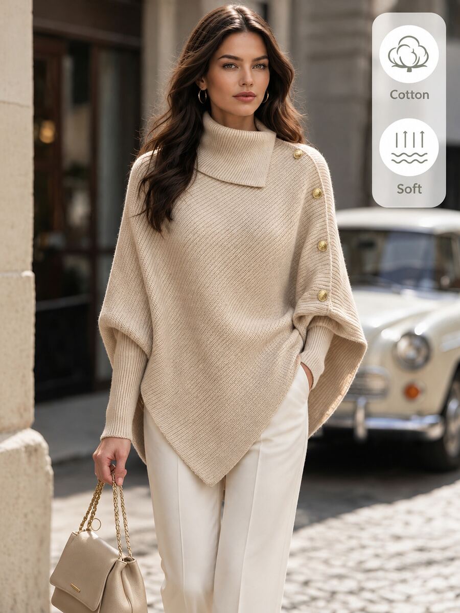Balvessa Women's Fall Pullover Knit Sweater Top, High Turn Collar, Diagonal Ribbed Knit, Metal Button, Batwing Sleeve, Asymmetric Hem, Beige Office Elegant - Khaki - View 1