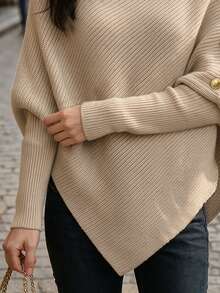 Balvessa Women's Fall Pullover Knit Sweater Top, High Turn Collar, Diagonal Ribbed Knit, Metal Button, Batwing Sleeve, Asymmetric Hem, Beige Office Elegant - Khaki - View 6
