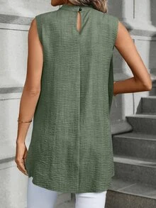 Penseblé Women Summer Stand Collar Asymmetrical Hem Sleeveless Shirt - Green - View 3