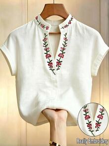 Elouméa 女款夏季復古刺繡立領短袖襯衫，白色溫柔風V領花卉上衣，修身百搭通勤度假風 - 白色 - 查看 2
