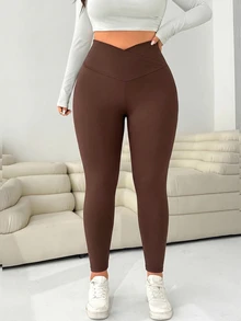 Solflare Plus-Size Women's Black Versatile High-Elasticity Leggings With Pocket Design, Suitable For Casual And Sports Activities. - Chocolate Brown - View 3