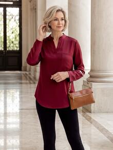 SHEIN LUNE Women's Spring All-Over Print Notch Neck 3/4 Sleeve Work Shirt - Burgundy - View 4