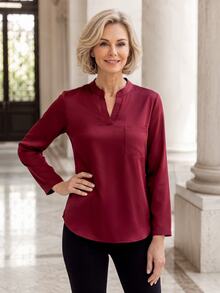 SHEIN LUNE Women's Spring All-Over Print Notch Neck 3/4 Sleeve Work Shirt - Burgundy - View 5