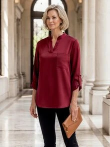 SHEIN LUNE Women's Spring All-Over Print Notch Neck 3/4 Sleeve Work Shirt - Burgundy - View 3