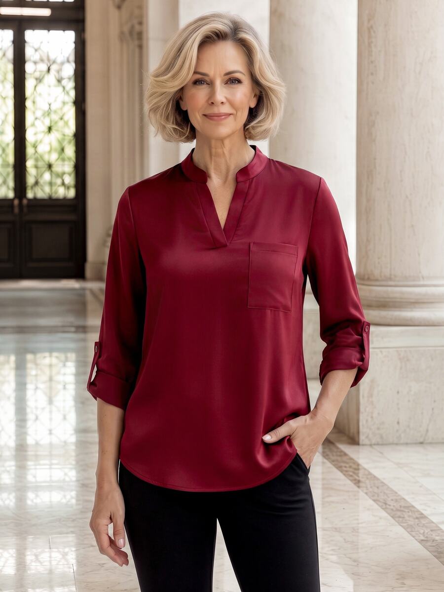 SHEIN LUNE Women's Spring All-Over Print Notch Neck 3/4 Sleeve Work Shirt - Burgundy - View 1