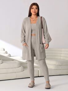 Solflare New Fall/Winter Plus Size Black 3 PiecesWarm Comfy Stretch Rib Knit Jacket, Vest & Leggings Set For Home, Work, Dates, School & Outings - Khaki - View 4