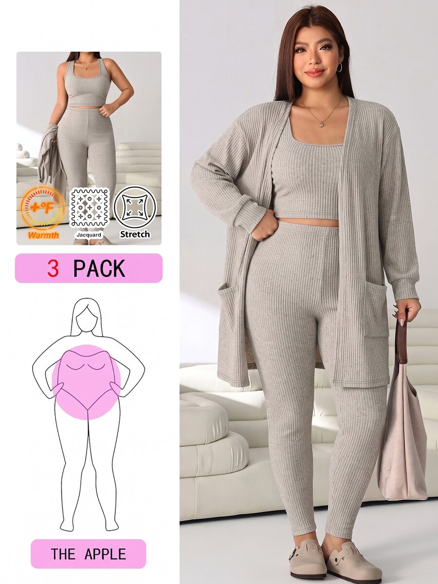Solflare New Fall/Winter Plus Size Black 3 PiecesWarm Comfy Stretch Rib Knit Jacket, Vest & Leggings Set For Home, Work, Dates, School & Outings - Khaki - View 1