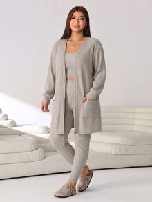 Solflare New Fall/Winter Plus Size Black 3 PiecesWarm Comfy Stretch Rib Knit Jacket, Vest & Leggings Set For Home, Work, Dates, School & Outings - Khaki - View 5
