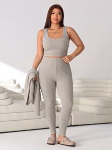 Solflare New Fall/Winter Plus Size Black 3 PiecesWarm Comfy Stretch Rib Knit Jacket, Vest & Leggings Set For Home, Work, Dates, School & Outings - Khaki - View 7