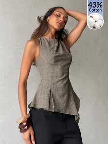 Aloruh 女款優雅無袖不對稱 75% 棉襯衫上衣，灰色夏季女式襯衫，商務休閒辦公室早午餐穿搭，教師節 - 深灰色 - 查看 8