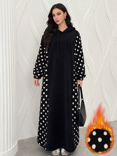 Mulvari Autumn Winter Black Loose Hooded Teddy Fuzzy Polka Dot Patchwork Dress Winter Going Out Casual Dresses Flannel