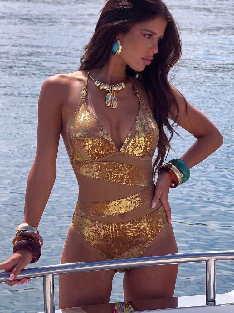 SHEIN Swim Women's Summer Beach Holiday Metal Decor V-Neck Sexy Sheer One-Piece Swimsuit - Brown - View 4