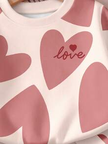 Baby Girls 2 Pcs Beige Heart Design Crew Neck Pullover Sweatshirt & Sweatpants Set, Winter Outfits - Multicolor - View 6