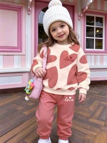 Baby Girls 2 Pcs Beige Heart Design Crew Neck Pullover Sweatshirt & Sweatpants Set, Winter Outfits - Multicolor - View 5