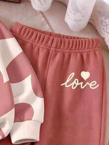 Baby Girls 2 Pcs Beige Heart Design Crew Neck Pullover Sweatshirt & Sweatpants Set, Winter Outfits - Multicolor - View 7