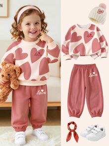 Baby Girls 2 Pcs Beige Heart Design Crew Neck Pullover Sweatshirt & Sweatpants Set, Winter Outfits - Multicolor - View 4
