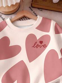 Baby Girls 2 Pcs Beige Heart Design Crew Neck Pullover Sweatshirt & Sweatpants Set, Winter Outfits - Multicolor - View 8