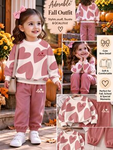 Baby Girls 2 Pcs Beige Heart Design Crew Neck Pullover Sweatshirt & Sweatpants Set, Winter Outfits - Multicolor - View 3