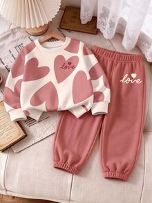 Baby Girls 2 Pcs Beige Heart Design Crew Neck Pullover Sweatshirt & Sweatpants Set, Winter Outfits - Multicolor - View 1