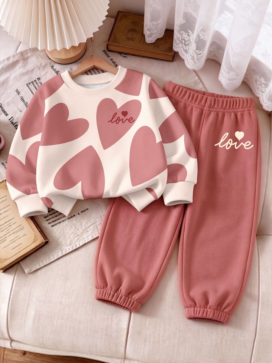 Baby Girls 2 Pcs Beige Heart Design Crew Neck Pullover Sweatshirt & Sweatpants Set, Winter Outfits - Multicolor - View 1