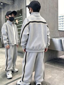 SHEIN Little Byeori 2pcs Kids Tween Boy Casual Sports Colorblock Hooded Jacket And Pants Set, Suitable For Commuting, School, Daily Wear, Vacation, Travel, Sports, Autumn/Winter - Red - View 1
